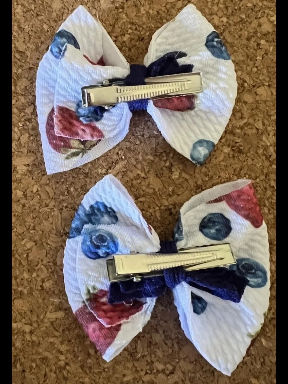 Handmade Fabric Hair Bow Red White Blue Berry 4th July Girl 2.75”x2.5” Clip 2pc